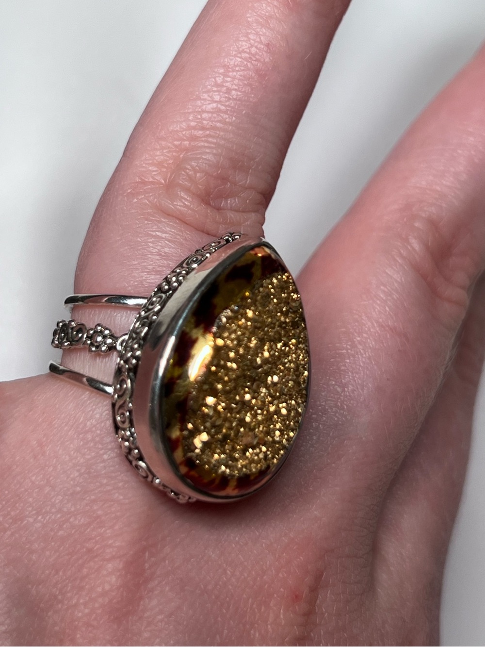 Sajen 925 Sterling Silver Gold Druzy Teardrop Bezel Cocktail Ring Size 6